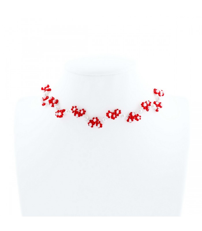 Korálky Janka náhrdelník červenobílý kytičkovaný, H017